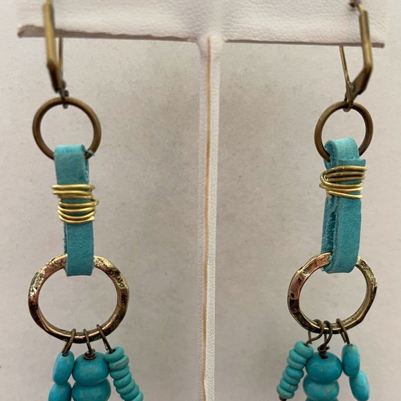 HAND CRAFTED HOOP EARRINGS Leather Stone Brass Turquoise Howlite - Picture 3 of 11